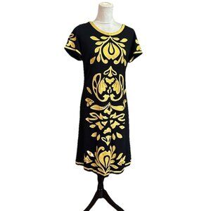 Women’s Black Midi Dress Gold Embroidery Artsy Sleeveless Stretchy Office NWT
